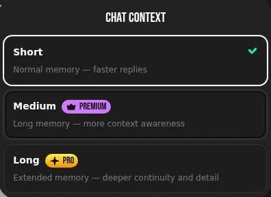 Chat context selector with Short, Medium and Long memory tiers