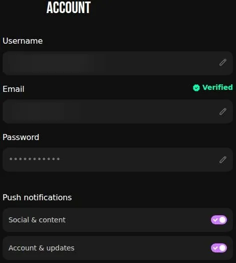 Account settings with username, e-mail and password fields and notification toggles