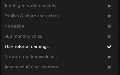 Free plan feature list with only referral earnings ticked