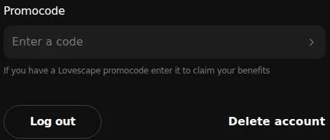 Promocode field with Log out and Delete account buttons