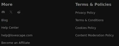 Footer links to Help Center, support e-mail, privacy, terms, cookies and content moderation policies