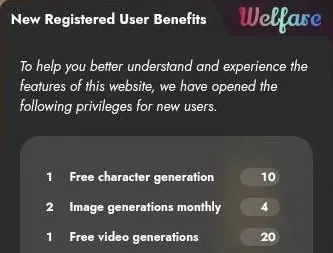 LustGF new registered user benefits popup listing free character, image and video generations