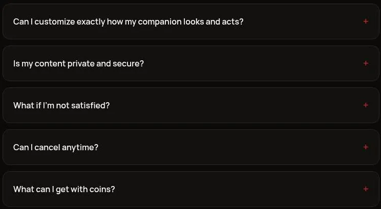 Luvr AI pricing page FAQ questions about privacy, satisfaction, cancelling and coins