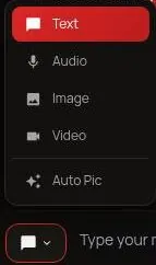 Luvr AI chat mode menu with Text, Audio, Image, Video and Auto Pic options