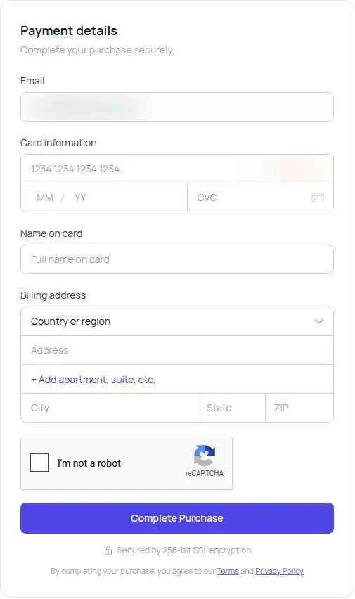 Luvr AI payment form with card, billing address and reCAPTCHA fields