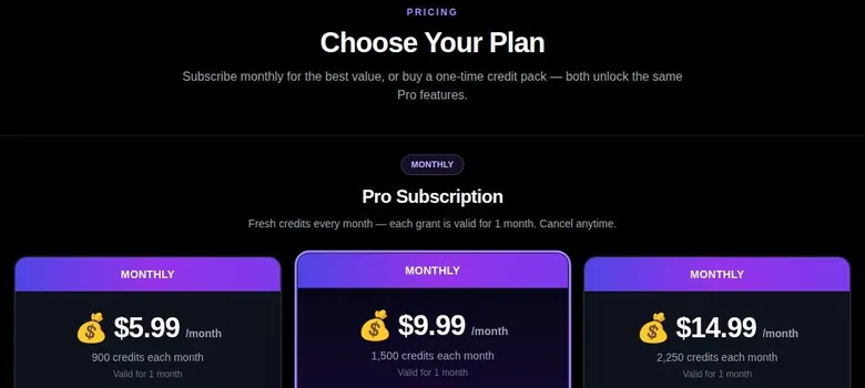 MAGI AI pricing page with three monthly subscription cards showing credits per month