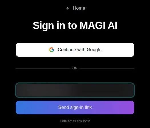 MAGI AI sign-in page with a Google button and an email sign-in link field