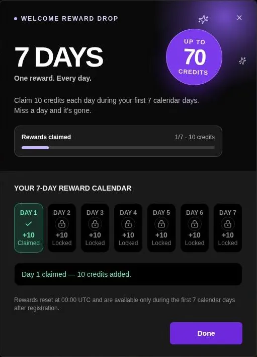 Welcome reward popup showing day one claimed and six days still locked