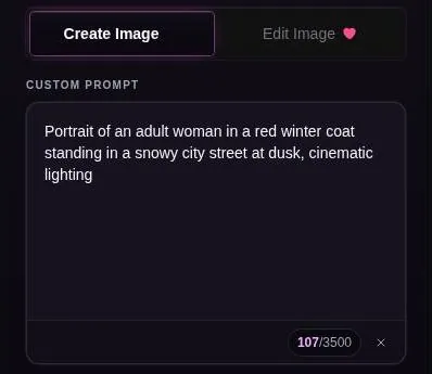 Image generator panel with create and edit tabs and a text prompt box