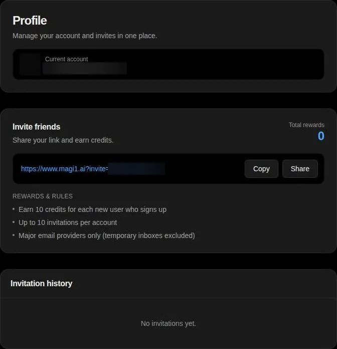 Profile page with an invite link card and the referral rules