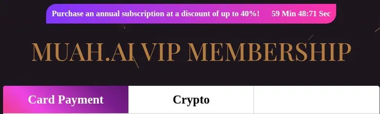 Muah AI pricing page header with an annual discount countdown banner and card or crypto payment tabs