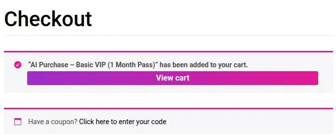 Muah AI checkout page with the VIP pass added to the cart and a coupon code link
