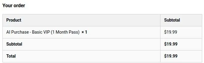 Muah AI checkout order summary for a one month VIP pass