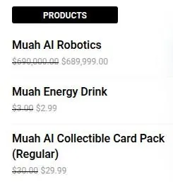 Muah AI shop sidebar listing a robotics joke item, an energy drink and a collectible card pack