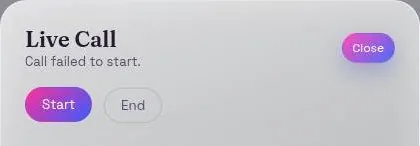 Muah AI live call dialog showing the message that the call failed to start
