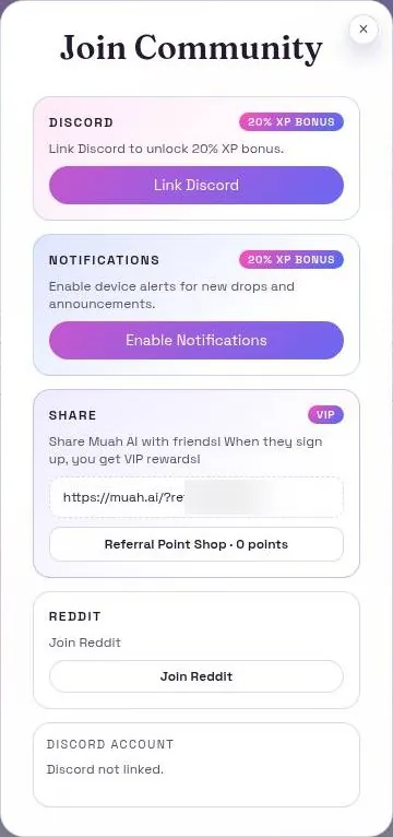 Muah AI Join Community dialog with XP bonuses for Discord and notifications and a referral link