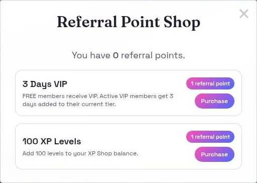 Muah AI referral point shop offering three days of VIP or one hundred XP levels per referral point