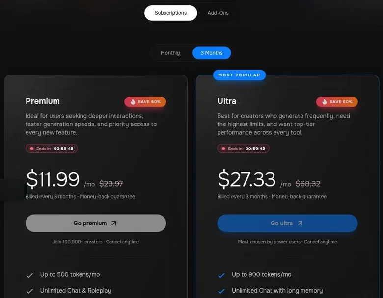 MyBabes.ai Premium and Ultra plan cards on the 3-month view with a countdown timer and struck-through prices
