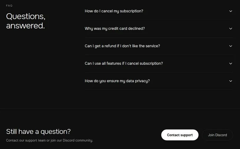 MyBabes.ai pricing FAQ with questions on cancelling, refunds and data privacy, plus support and Discord buttons
