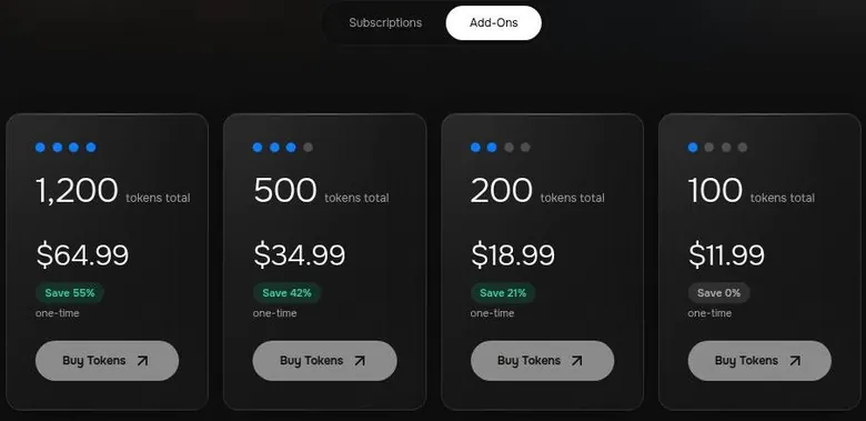 MyBabes.ai one-time token packs of 100, 200, 500 and 1,200 tokens with Buy Tokens buttons