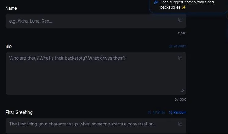 MyBabes.ai character builder with name, bio and first greeting fields and AI Write buttons