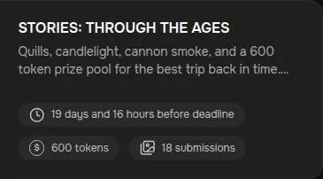 MyBabes.ai contest card for Stories: Through the Ages with a 600 token prize and deadline