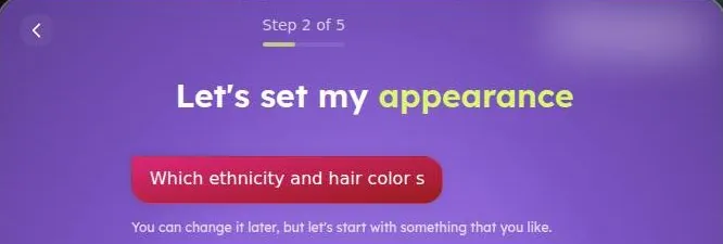 Nastia AI onboarding step 2 of 5, 'Let's set my appearance'