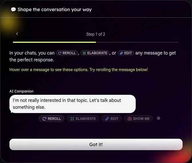Nastia AI tutorial modal explaining reroll, elaborate and edit buttons