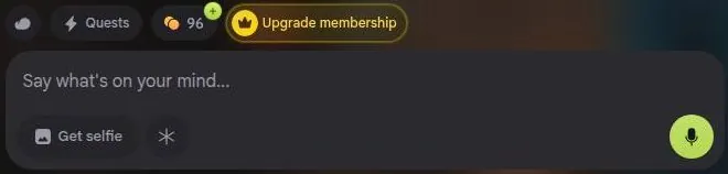 Nastia AI chat composer with quests, token counter and upgrade membership chips