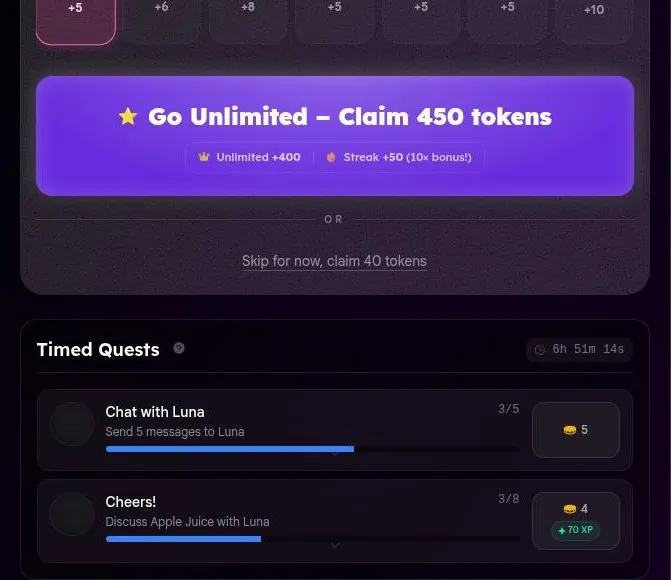 Nastia AI rewards panel with a daily streak row, an upgrade claim button and two timed quests