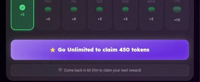 Nastia AI daily streak row after claiming, with a countdown to the next reward