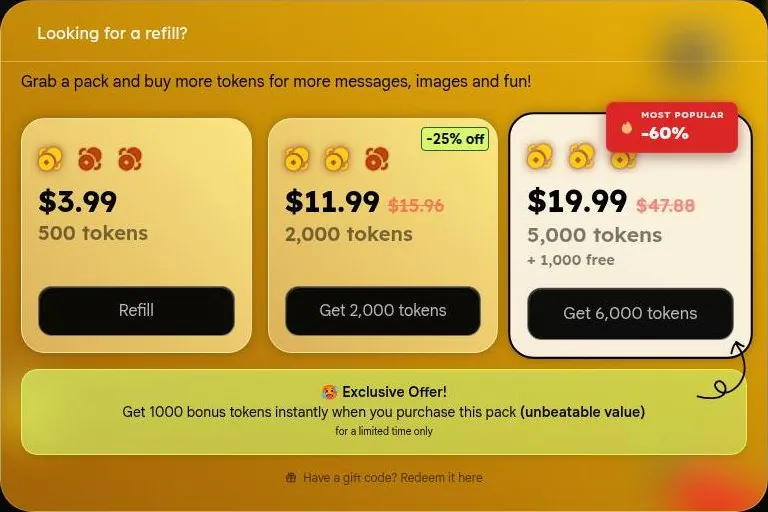 Nastia AI token pack store with three packs and a bonus offer banner