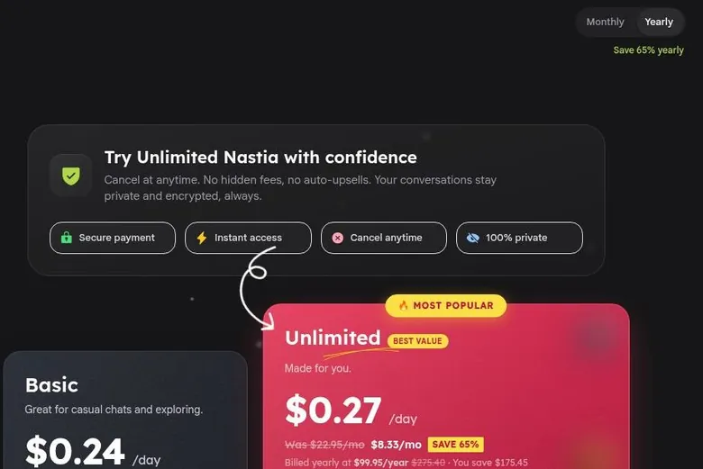 Nastia AI membership page on yearly billing with Basic and Unlimited plan cards