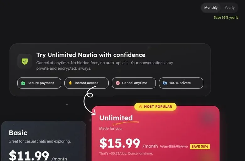 Nastia AI membership page on monthly billing with Basic and Unlimited plan cards
