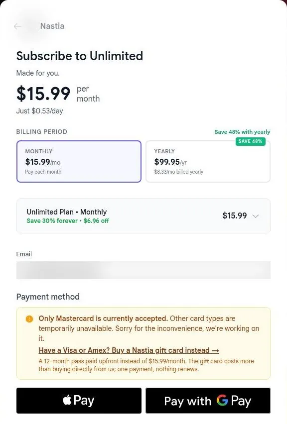 Nastia AI checkout for the Unlimited plan with a Mastercard-only payment notice