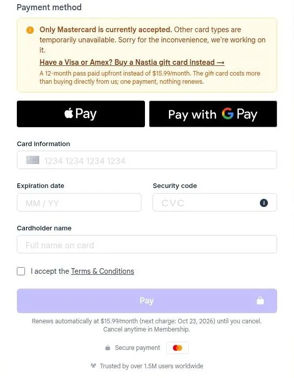 Nastia AI card payment form with an automatic renewal notice under the Pay button