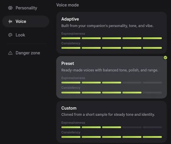 Nastia AI voice settings with Adaptive, Preset and Custom voice modes