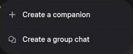 Nastia AI create menu with Create a companion and Create a group chat