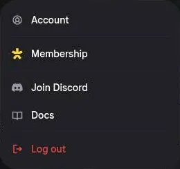 Nastia AI profile menu with Account, Membership, Join Discord, Docs and Log out