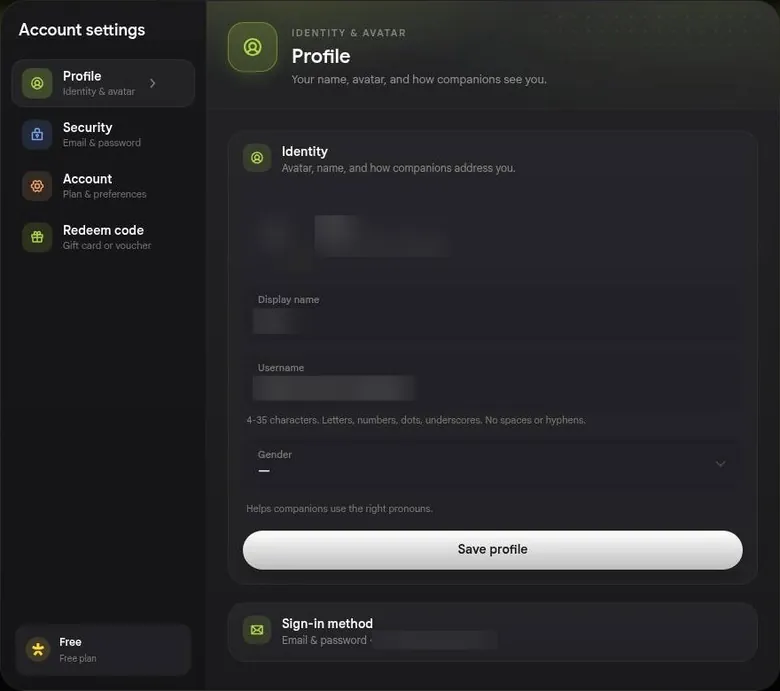Nastia AI account settings profile tab with display name, username and gender fields