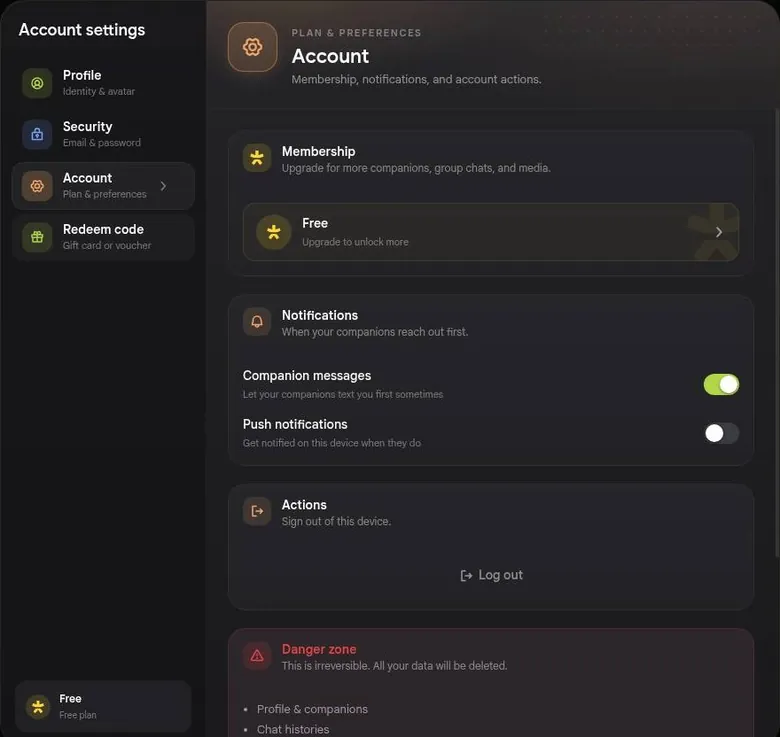 Nastia AI account settings with membership, notifications and a danger zone for deletion