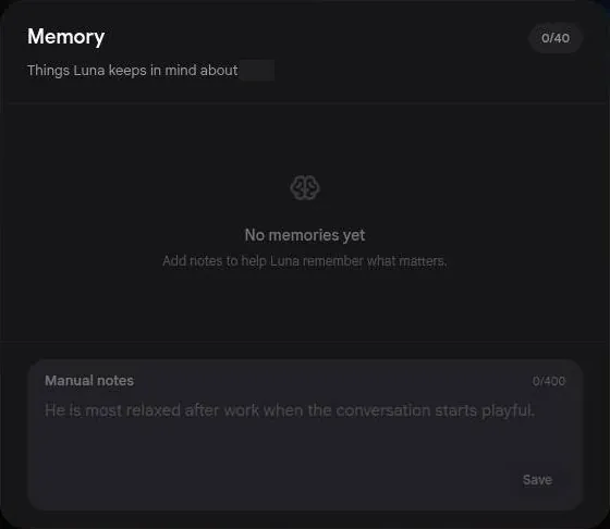 Nastia AI memory panel with 0 of 40 memories and a manual notes box