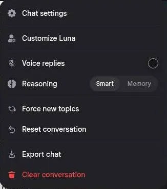 Nastia AI chat options menu with reasoning model switch, force new topics, export and clear