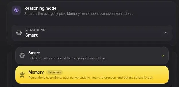 Nastia AI reasoning model dropdown with Smart and a premium Memory option