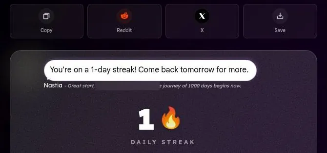 Nastia AI streak share panel with Copy, Reddit, X and Save buttons