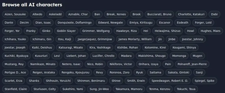 Nastia AI public page listing anime character names as chips