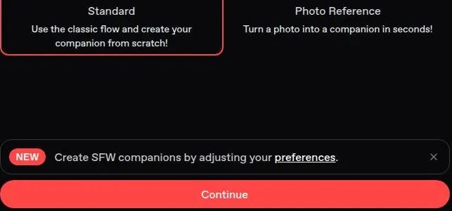 Nectar AI creator start options Standard and Photo Reference with a Continue button