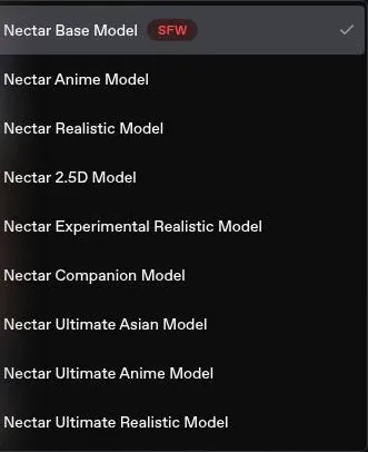 Nectar AI image model dropdown listing nine Nectar models, Base Model selected