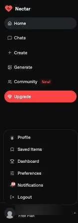 Nectar AI sidebar with an open account menu and the account marked Free Plan
