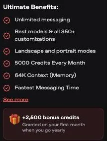 Nectar AI list of Ultimate plan benefits with a bonus credits box